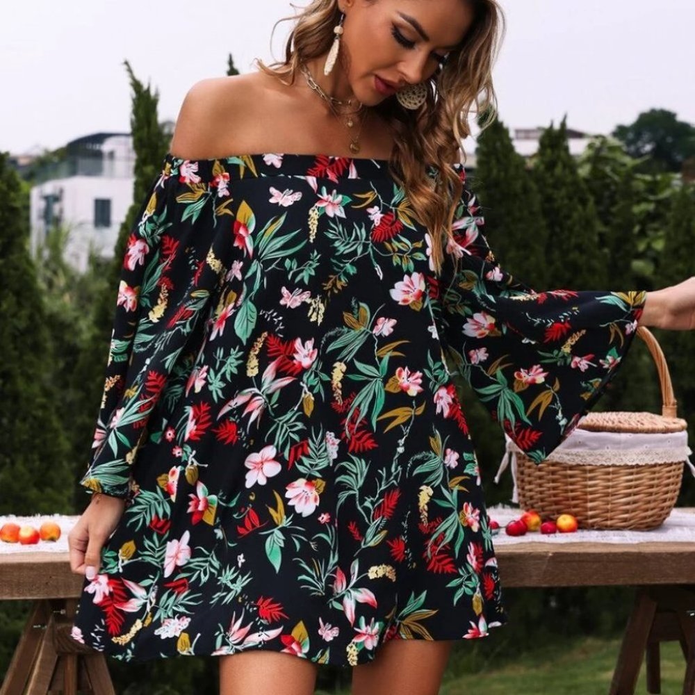 Off Shoulder Dress Tropical Print - Picture 3 of 6